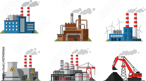 Flat Industrial Factory and Energy Power Plant Vector Set Featuring Nuclear Power Oil Refinery Manufacturing Buildings and Heavy Mining Excavator