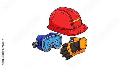 Illustration of work safety equipment consisting of a red hard hat, blue safety glasses, and work gloves. 