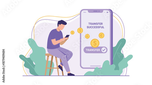 Man successfully transfers money using mobile banking app on smartphone