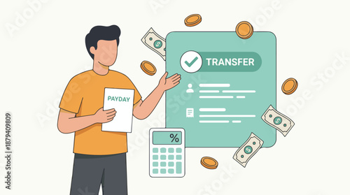Man managing payday finances: digital money transfer and calculation