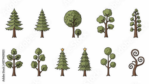 Collection of diverse cartoon trees isolated on white background.