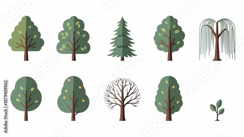 Collection of diverse flat design trees and sapling illustration.