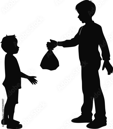 Silhouette Of A Boy Handing Over A Bag Of Money
