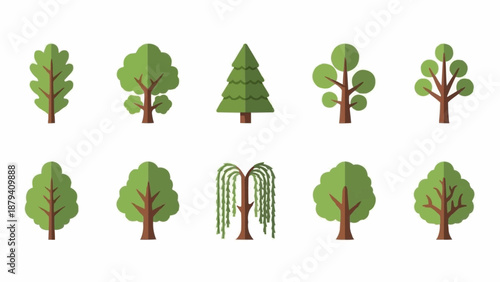 Collection of diverse flat design trees in various shapes and sizes.
