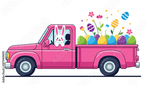 Easter Bunny Pickup Truck Clipart Set, Cute Bunny Driving Truck with Eggs