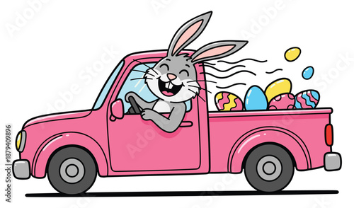 Easter Bunny Pickup Truck Clipart Set, Cute Bunny Driving Truck with Eggs