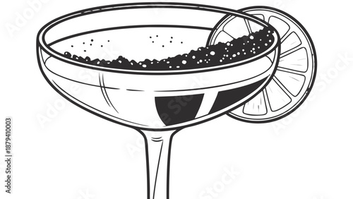 Line Art Cocktail in Glass with Lime and Berry Garnish, A line art illustration of a cocktail in a stemmed glass, garnished with a lime slice and a berry on a skewer