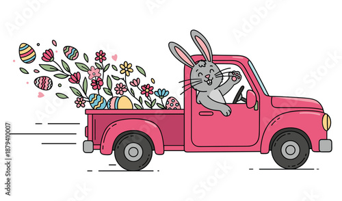 Easter Bunny Pickup Truck Clipart Set, Cute Bunny Driving Truck with Eggs