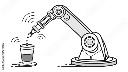 Automated robotic arm brewing pour-over coffee into cup illustration,  A grayscale line art illustration showing a robotic arm automatically using a pour-over method to brew coffee into a cup,