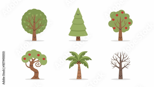 Collection of diverse stylized trees in different seasons.