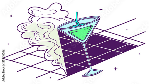 Retro martini glass on perspective grid with stylized smoke swirl, A retro-style line art illustration of a martini glass containing green liquid, sitting on a perspective grid amidst swirling smoke 