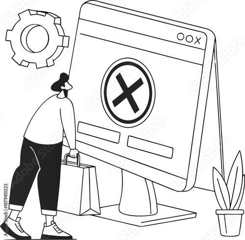 System Error: A person faces a computer screen displaying an error message, symbolized by a large X, hinting at technological challenges and setbacks. 