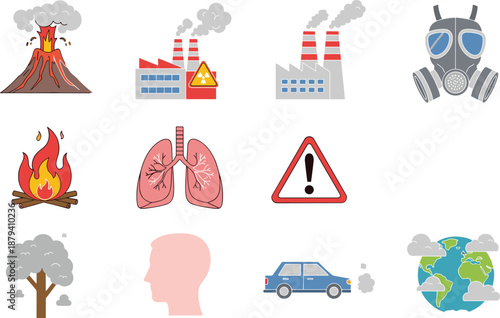 Flat vector illustration set of air pollution sources including factory emissions, car exhaust, wildfires, volcanic ash, and human respiratory health.
