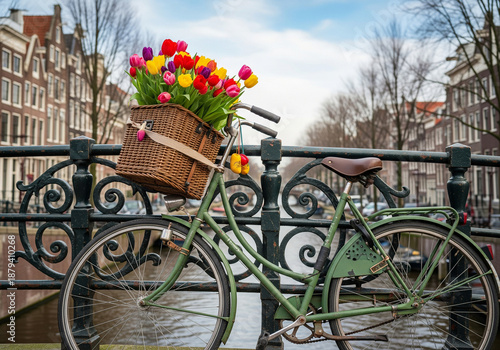 Wallpaper Mural Bicycle with tulip basket leaning on canal bridge railing amsterdam concept. Torontodigital.ca