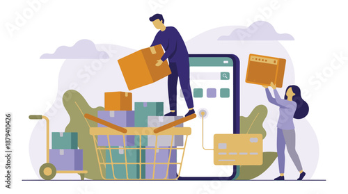 Mobile shopping and logistics with people, delivery boxes, and payment