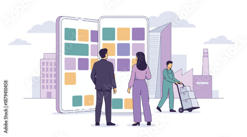 Digital business solution with mobile apps, logistics, and urban environment