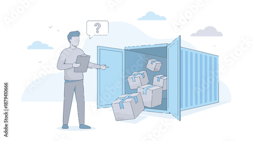 Logistics problem with falling boxes from shipping container and confused man