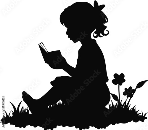Silhouette Of A Girl Sitting In A Meadow Reading