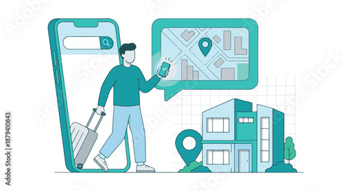 Man using smartphone app for online accommodation search and travel booking