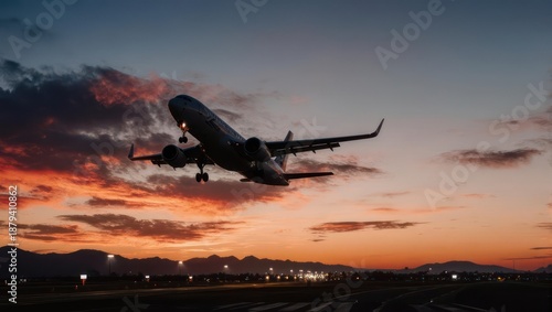 Silhouetted airplane taking off at sunset over a runway