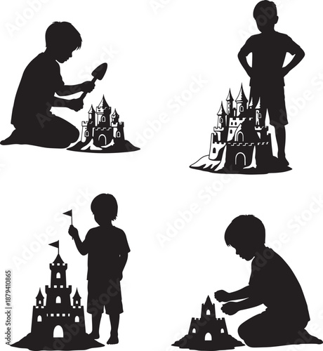 Kids Building Sandcastles Beach Play Silhouette Set