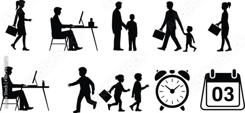 Daily routine people silhouettes vector set, office work, family walking, children activities, time management symbols, alarm clock and calendar icons, black flat illustration
