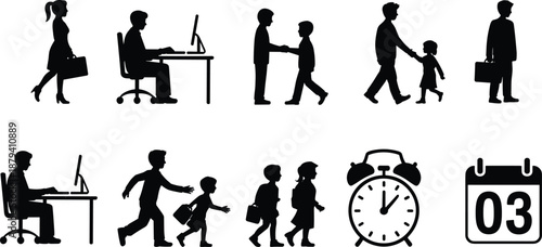 Daily life routine silhouettes, people working, parenting, school drop off, office job, family schedule, time management, human lifecycle vector illustration