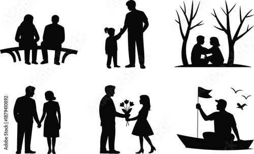Emotional people silhouettes vector collection, family bonding moments, parent and child connection, love and care scenes, relationships and storytelling, black flat illustration