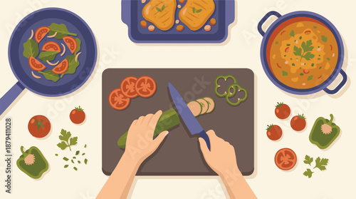 Top-down view of healthy meal preparation with fresh vegetables and cooked dishes