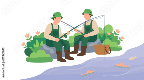 Two men fishing by a river, enjoying outdoor leisure activity in nature