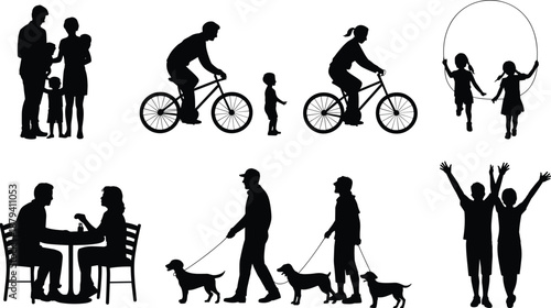 Happy family lifestyle silhouettes vector set, parents and children cycling, skipping rope, dining together, walking dogs, joyful daily activities, black flat illustration