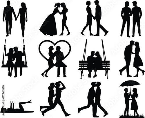 Romantic couples silhouettes vector collection, love and relationship scenes, dating moments, wedding and proposal concepts, hugging, kissing, lifestyle romance, black flat illustration
