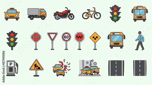 Collection of Transportation and Traffic Icons.
