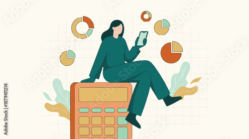 Woman using smartphone for financial analysis, sitting on calculator