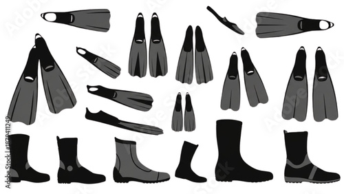 Diverse collection of essential diving gear various fins, flippers, and protective wetsuit boots for water sports