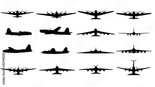 Detailed collection of vintage military bomber aircraft silhouettes presented from various angles for historical and graphic design projects