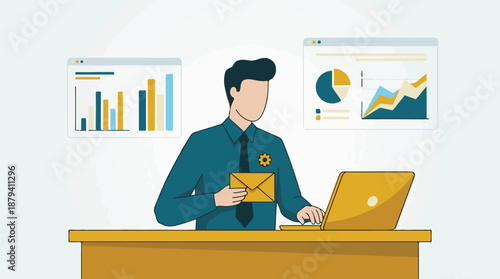 Business professional analyzing data and managing correspondence illustration