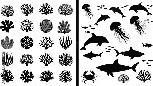 Large collection of coral reef silhouettes and marine life set with sharks dolphins jellyfish crabs and diverse underwater sea creature icons