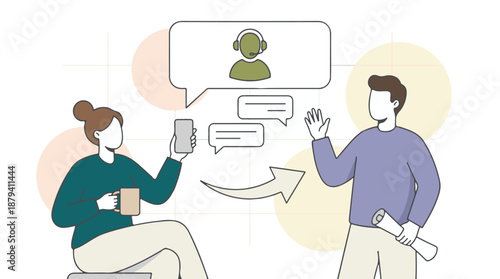 People communicating online and in person, customer support concept