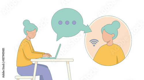 Women communicating virtually via laptop and video call illustration