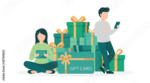 People using devices for online shopping, surrounded by gifts and a gift card