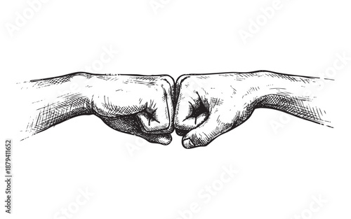 hands coming together for a fist bump gesture, rendered in a detailed vintage woodcut style.