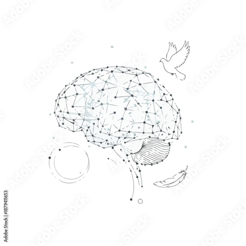 A geometric brain with a bird flying