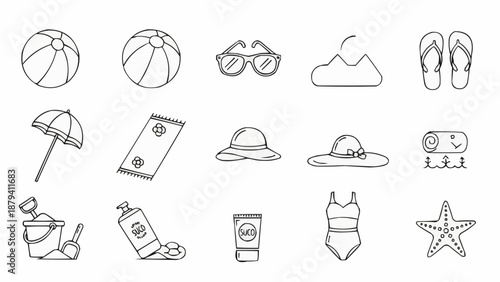 Collection of hand drawn beach vacation icons and symbols.