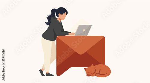 Woman working on laptop sending emails, a cat sleeping beside a message icon