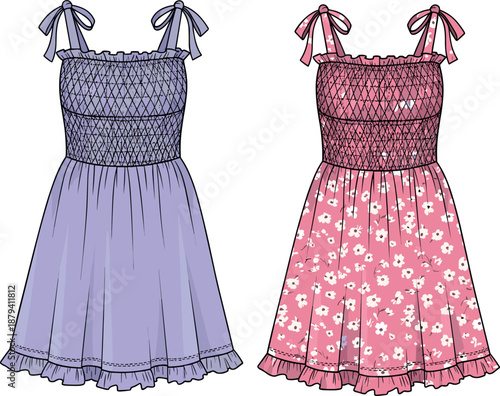 Women's Romantic Shirred Bodice Mini Dress Fashion Technical Flat Drawing, Tie-Shoulder Strap Apparel Template with Flounced Skirt, Floral Print Option, Garment Vector Illustration for Design.