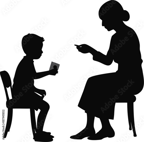 Boy Playing Cards With His Grandma Silhouette
