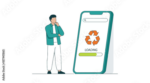 Man thinking by smartphone with recycling symbol and loading status