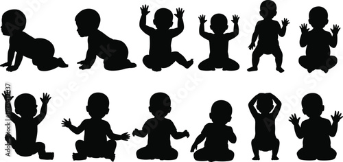 Baby silhouette poses collection, sitting crawling standing infant actions, child development milestones black vector illustration isolated on white background