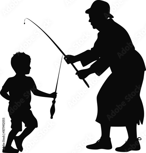Boy And Grandma Fishing Together Silhouette
